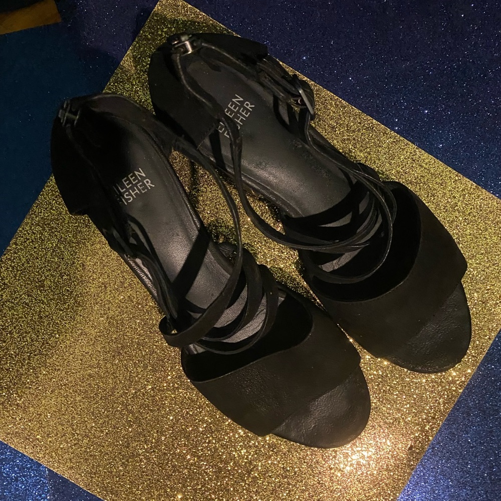 EILEEN FISHER SUEDE LEATHER STRAPPY EDGY CLASSIC BLOCK HEEL Sandals GORG - Picture 5 of 15